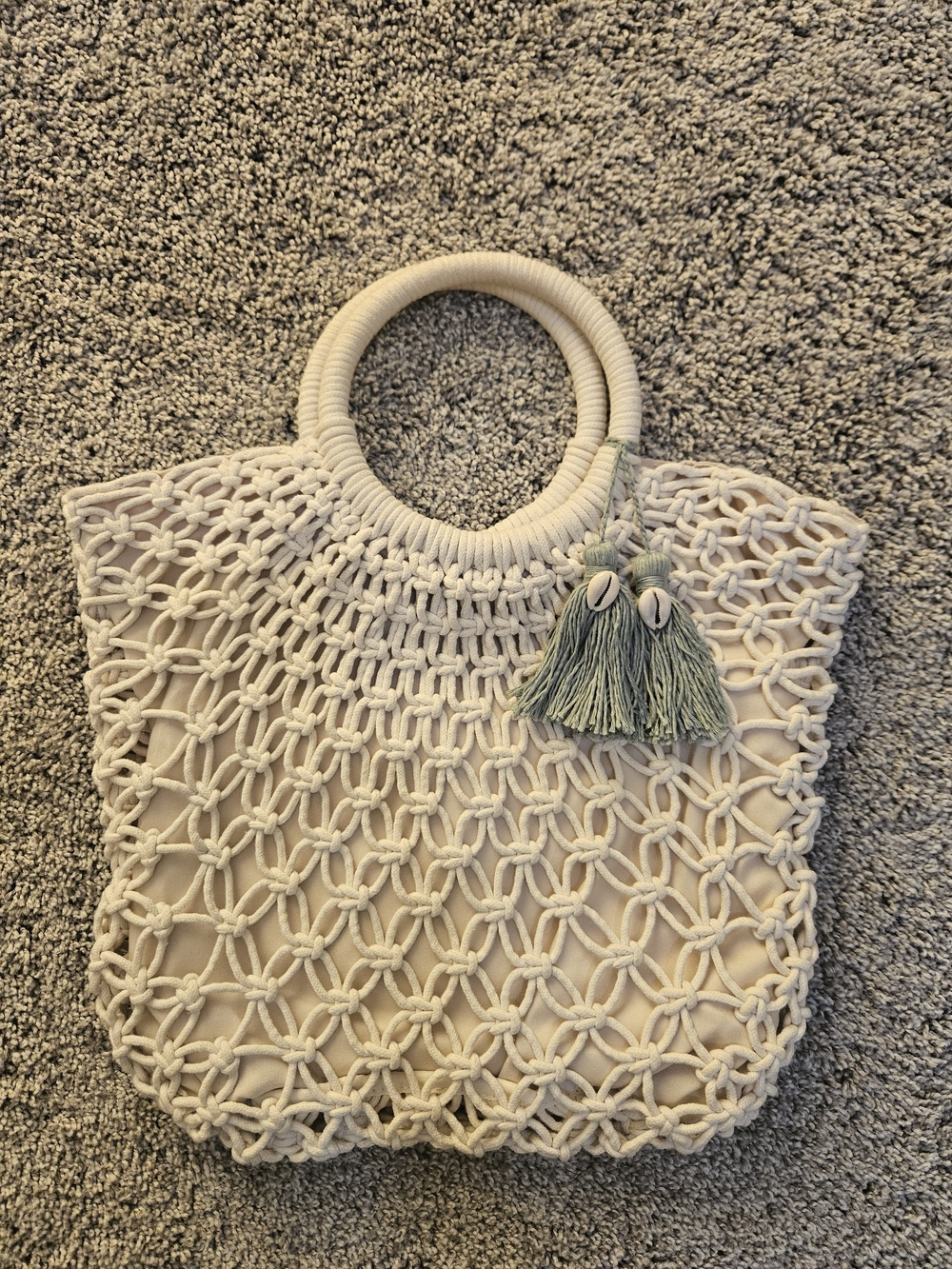 Woven Macramé Tote Bag with Tassel - Cream